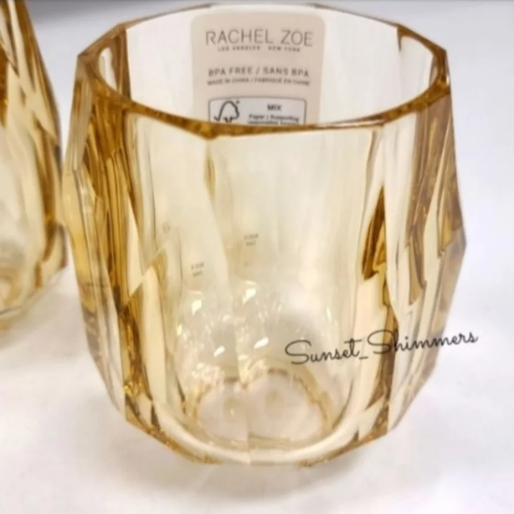 Rachel Zoe 4 piece Amber Acrylic Crystal Tumbler Cup Drink Glass Set  NEW